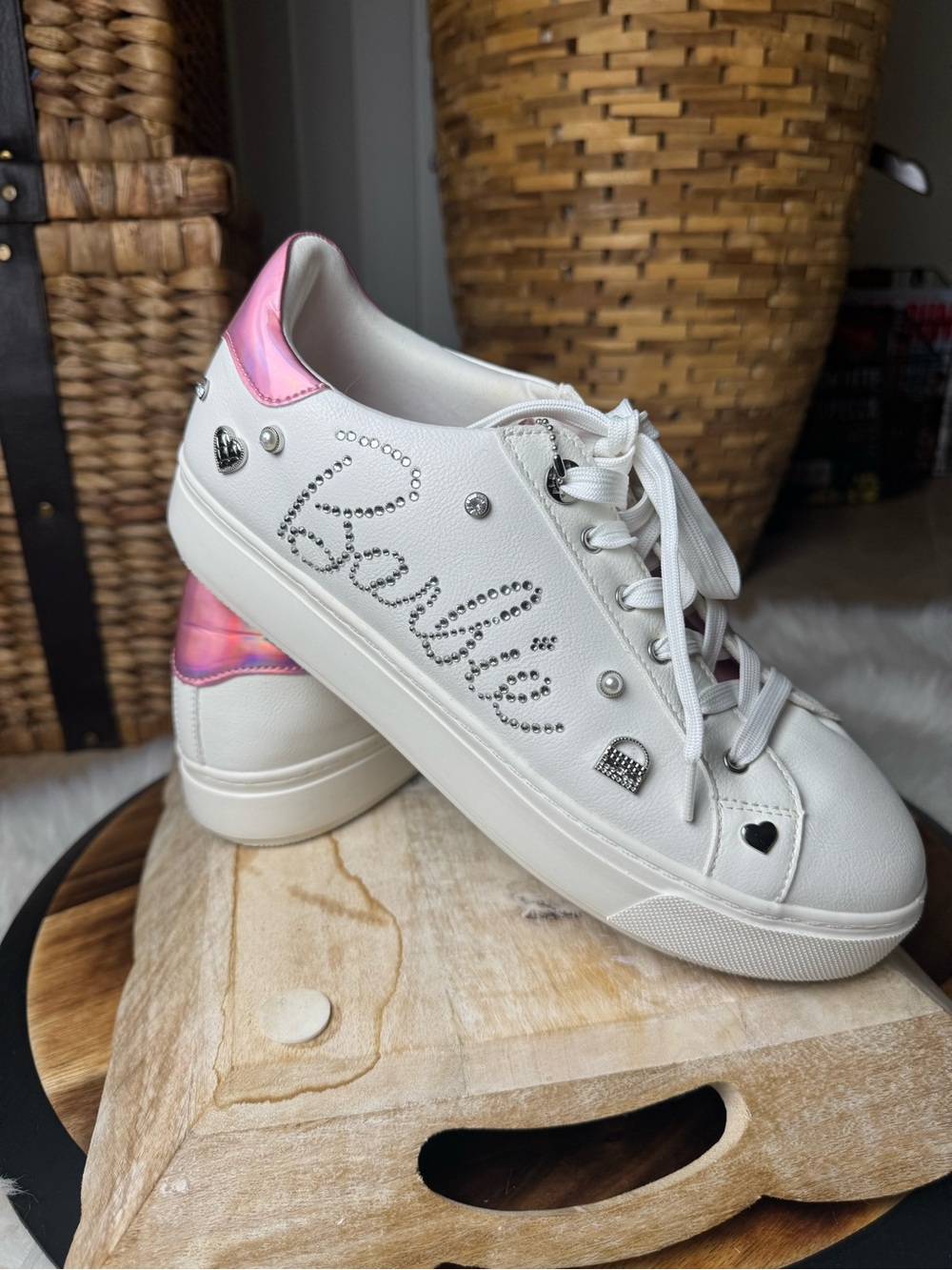 Aldo Barbie White sneakers with pearls Pink Iridescent Heel & Rhinestone Script